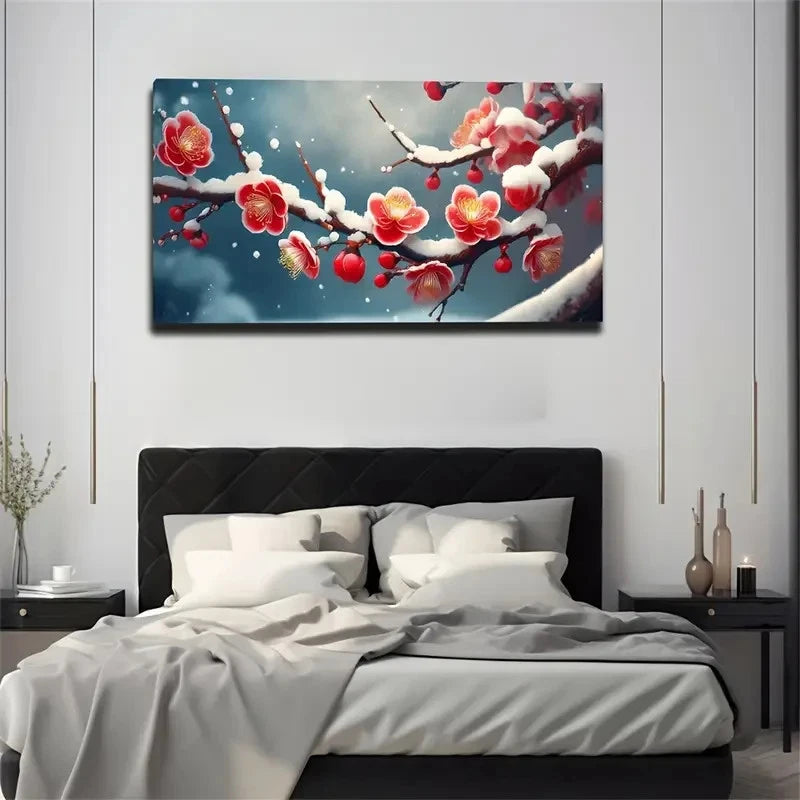 Winter Plum Snow The Branch Wall Art Canvas Office Home Room Framed 120x60cm