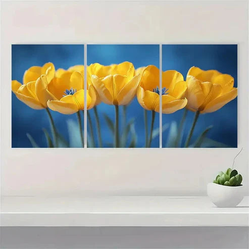 3pcs Yellow Tulip Blue and Yellow yu Wall Art Set Canvas Unframed - High Quality Print 100% Australian Made Wall Canvas