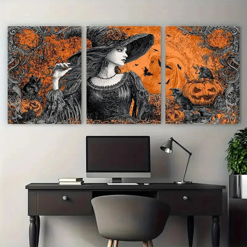 3pcs Vintage Halloween Witch Dark Trendy Perfect Wall Art Set Canvas Framed 60x90cm - High Quality Print 100% Australian Made Wall Canvas Ready to Hang