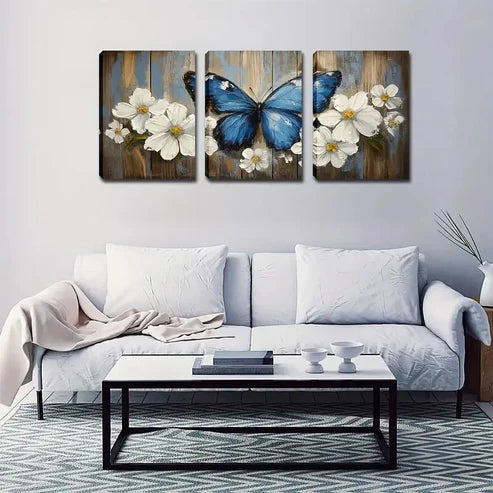 3pcs Blooming Flowers & Blue Butterfly Wall Art Canvas Unframed - High Quality Print 100% Australian Made Wall Canvas - Bella Home Decor