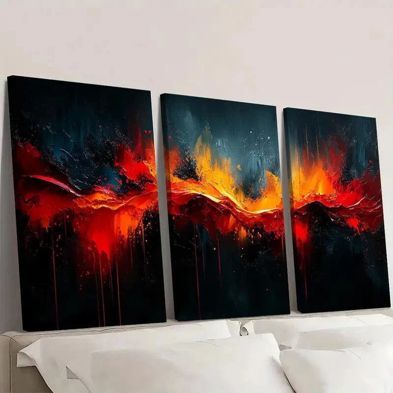 3pcs Vibrant Red Orange & Blue Brushstroke Wall Art Set Canvas Framed 60x90cm - High Quality Print 100% Australian Made Wall Canvas Ready to Hang - Bella Home Decor