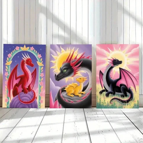 3pcs Dragon, Flowers, Fantasy Wall Art Canvas Unframed - High Quality Print 100% Australian Made Wall Canvas