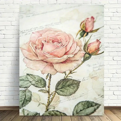 Vintage Design with Pink Roses & Green Leaves Painting 40x60cm Metal Print Ready to Hang - Bella Home Decor