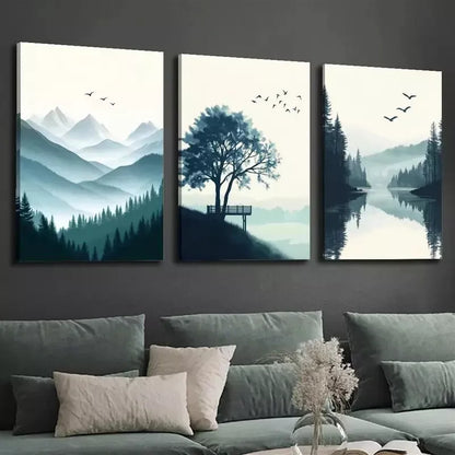 3pcs Mountain Lake Landscape with Pine Trees Wall Art Set Canvas Framed 50x70cm - High Quality Print 100% Australian Made Wall Canvas Ready to Hang