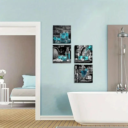 4pcs Abstract Blue Wine Glass Wall Art Canvas Framed