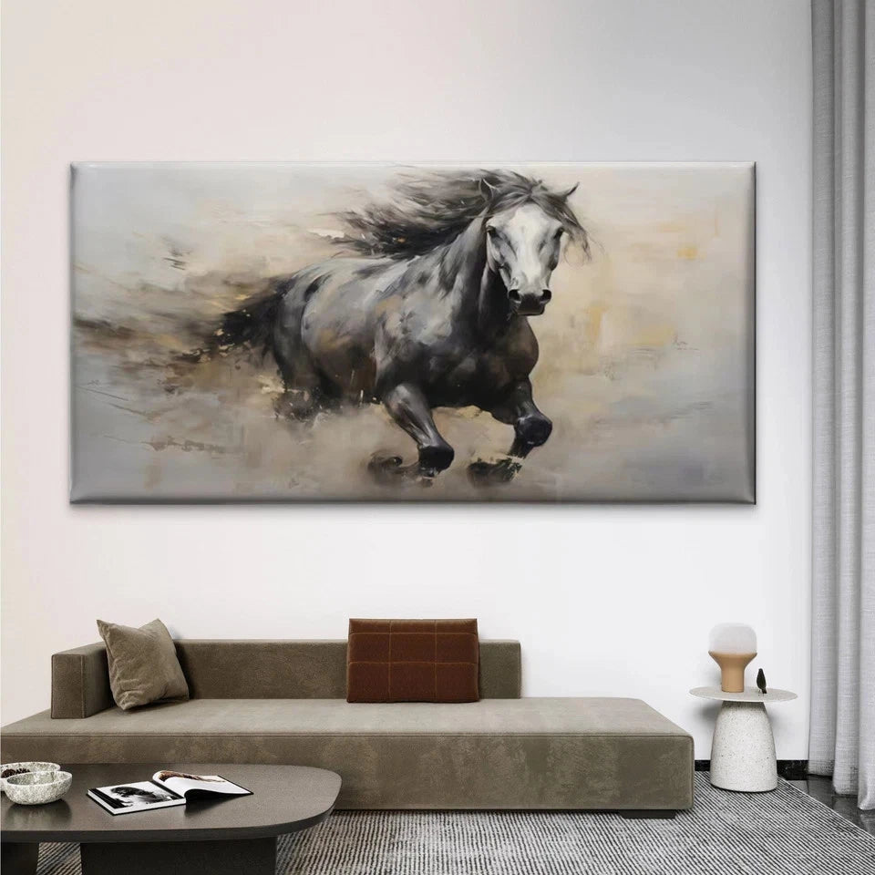 Running Black Horse Wall Art Canvas Office Home Room Framed 120x60cm