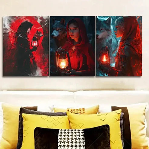 3pcs The Red Girl and the Wolf Darkness Wall Art Set Canvas Unframed - High Quality Print 100% Australian Made Wall Canvas