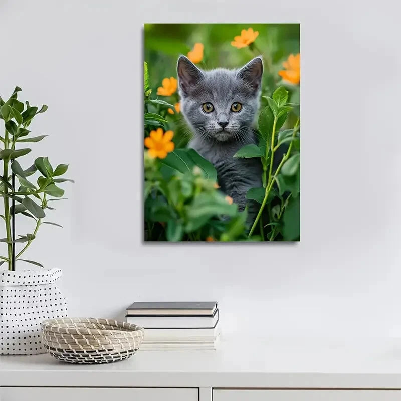Flowers And Plants Cute Russian Blue Kitten Painting 40x60cm Metal Print Ready to Hang