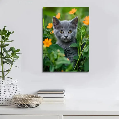 Flowers And Plants Cute Russian Blue Kitten Painting 40x60cm Metal Print Ready to Hang