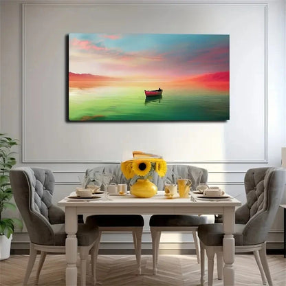 Lonely Boat Red Sky Wall Art Canvas Office Home Room Framed 120x60cm