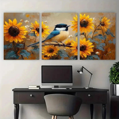 3pcs Chickadee Painting Sunflowers Perfect Wall Art Set Canvas Framed 50x70cm - High Quality Print 100% Australian Made Wall Canvas Ready to Hang - Bella Home Decor