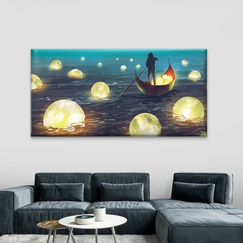 Man Rowing Boat with Moons Wall Art Canvas Office Home Room Framed 120x60cm