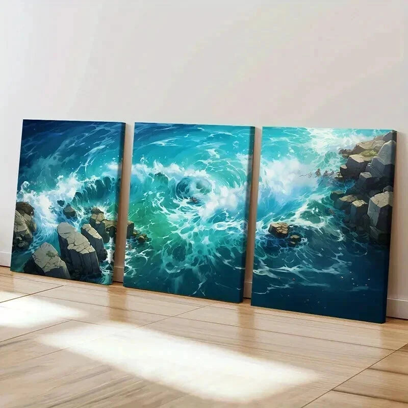 3pcs Anime Style Sea Waves & Rocks Wall Art Set Canvas Framed 40x60cm - High Quality Print 100% Australian Made Wall Canvas Ready to Hang - Bella Home Decor