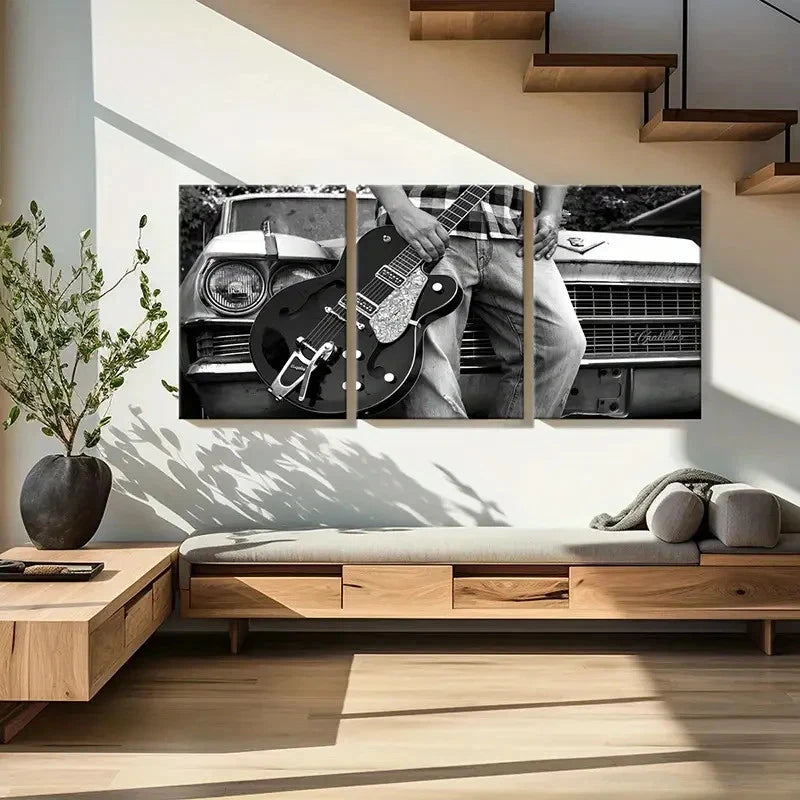 3pcs Black & White Guitar & Musical Instrument Wall Art Set Canvas Framed 60x90cm - High Quality Print 100% Australian Made Wall Canvas Ready to Hang - Bella Home Decor