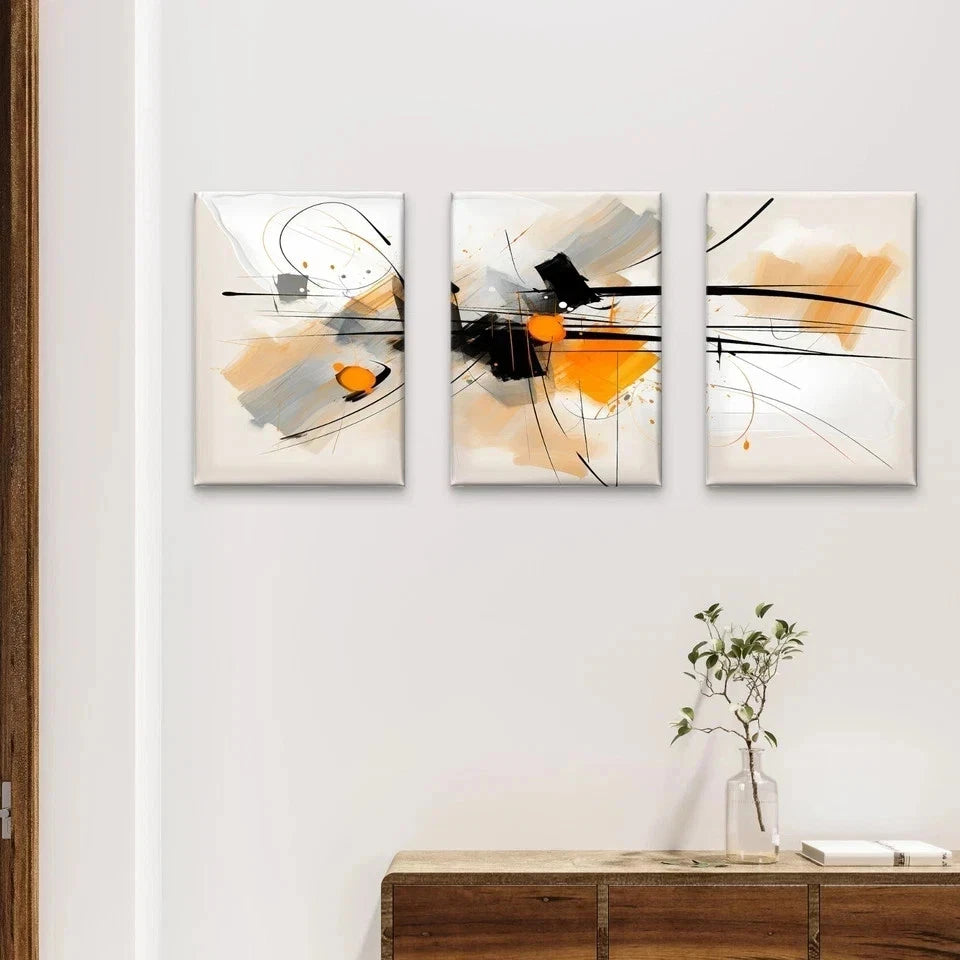 3pcs Bold Orange, Black, and Neutral Abstract Wall Art Set Canvas Framed 50x70cm - High Quality Print 100% Australian Made Wall Canvas Ready to Hang