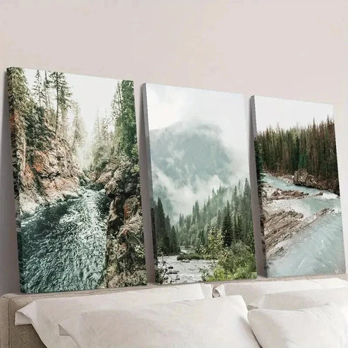 3pcs Misty Mountains & Pine Trees Landscape Wall Art Set Canvas Unframed - High Quality Print 100% Australian Made Wall Canvas