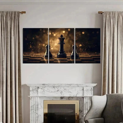 3pcs Black Gold Chessboard Modern Wall Art Set Canvas Framed 50x70cm - High Quality Print 100% Australian Made Wall Canvas Ready to Hang - Bella Home Decor