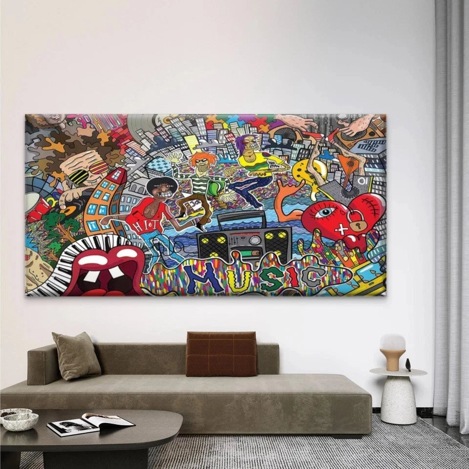 Music-Themed Retro 80s,90s Wall Art Canvas Office Home Room Framed 120x60cm