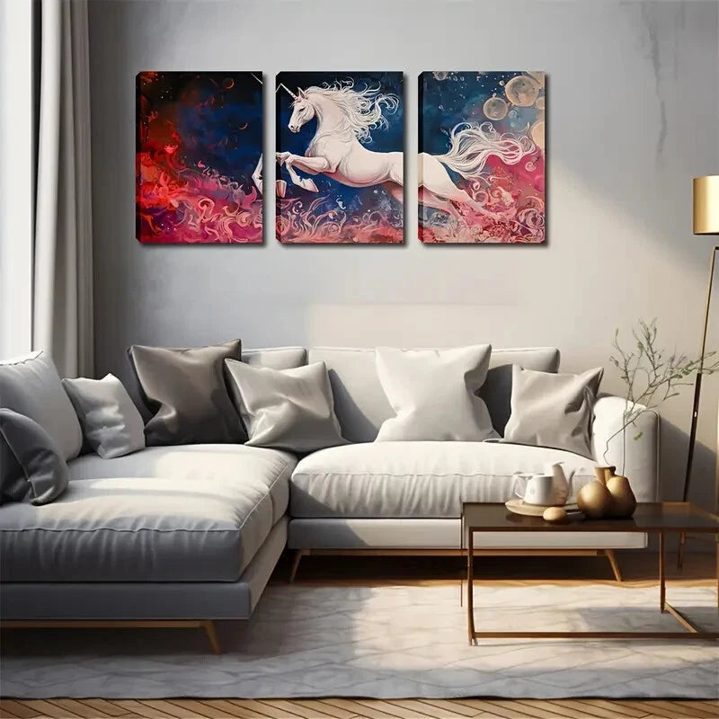 3pcs White Unicorn Triple Modern Perfect Wall Art Set Canvas Framed 40x60cm - High Quality Print 100% Australian Made Wall Canvas Ready to Hang - Bella Home Decor
