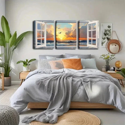 3pcs Serene Ocean & Sky Scene With Warm Perfect Wall Art Set Canvas Framed 50x70cm - High Quality Print 100% Australian Made Wall Canvas Ready to Hang - Bella Home Decor