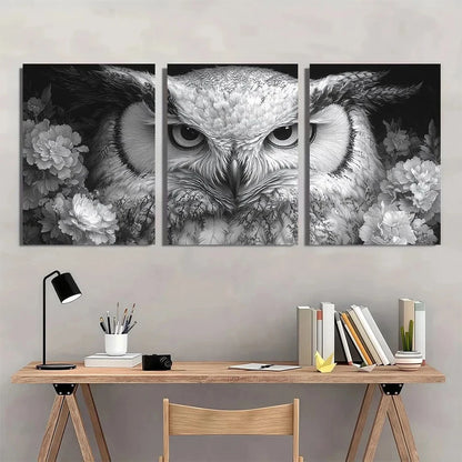 3pcs Black and White Owl Fantasy Metal Print Ready to Hang Art - Bella Home Decor