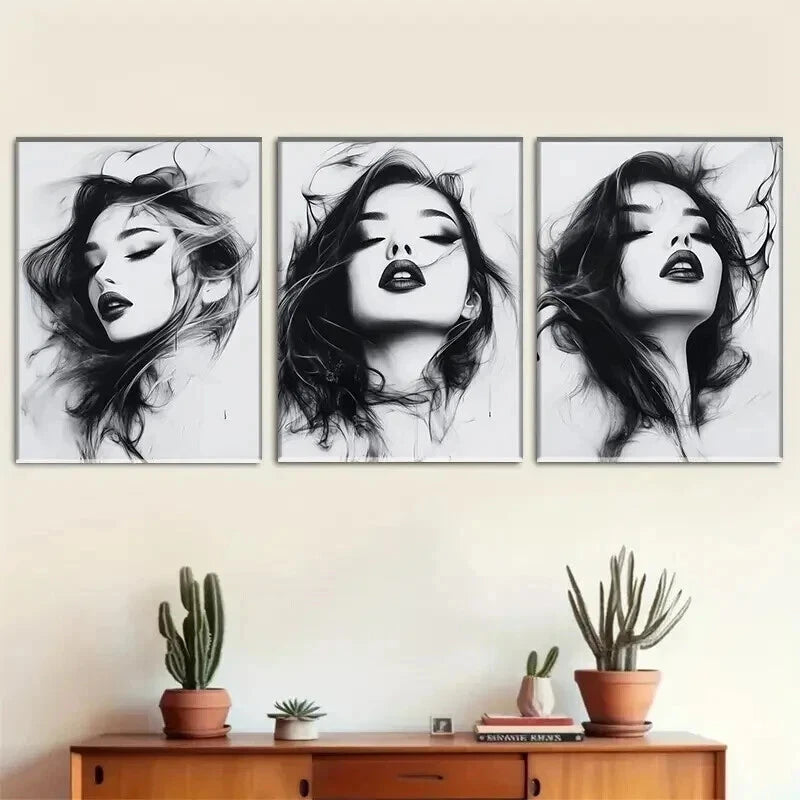 3pcs Monochrome Portrait Flowing Hair Perfect Wall Art Set Canvas Framed 50x70cm - High Quality Print 100% Australian Made Wall Canvas Ready to Hang - Bella Home Decor