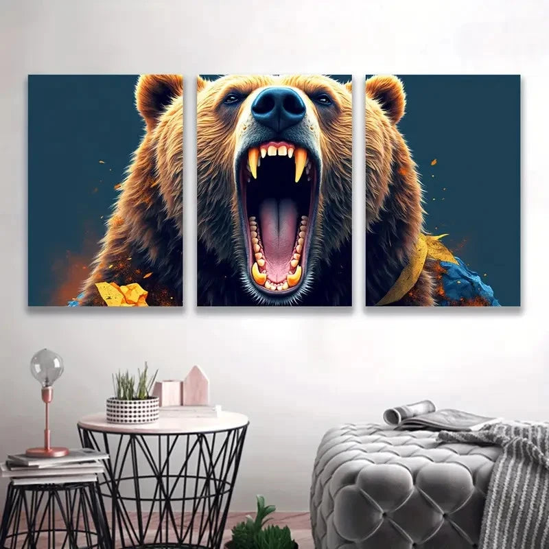 3pcs Grizzly Bear's Mouth Painting  Wall Art Set Canvas Framed 50x70cm - High Quality Print 100% Australian Made Wall Canvas Ready to Hang