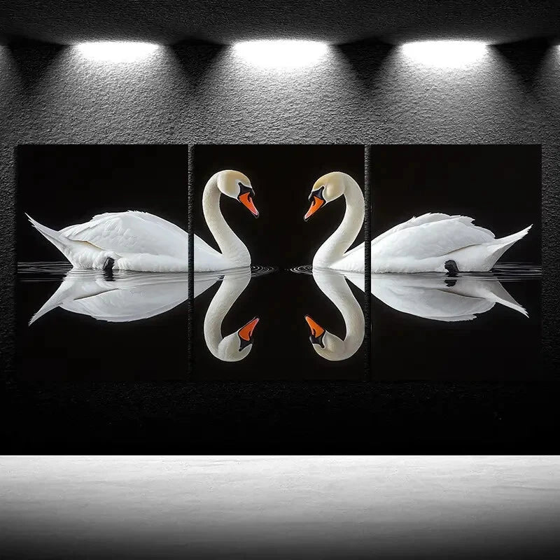 3pcs Black and White Swan Bird Metal Print Ready to Hang Art - Bella Home Decor
