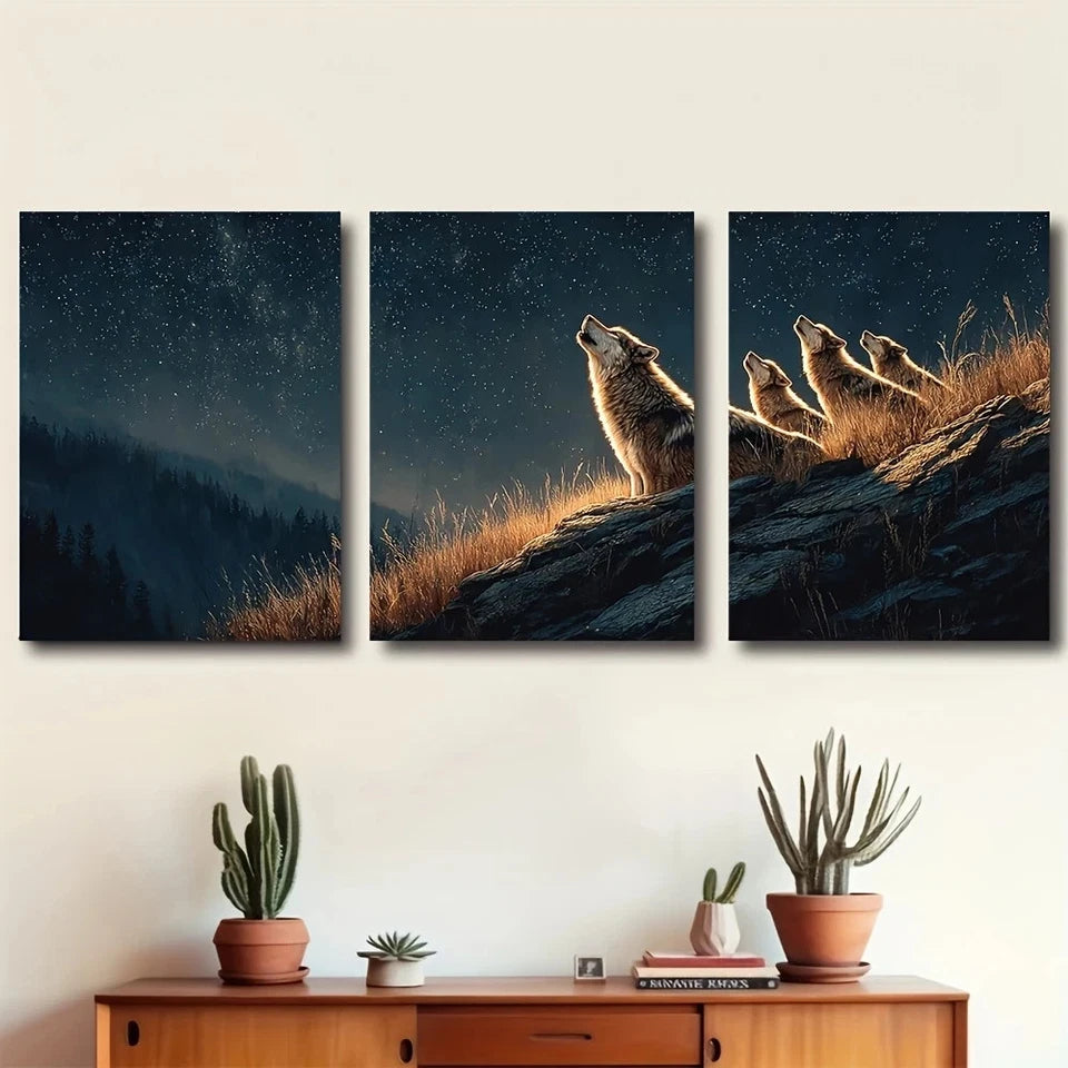 3pcs Starry Sky on a Grassy Ridge Metal Print Ready to Hang Art