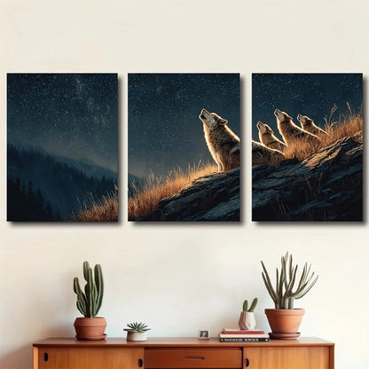3pcs Starry Sky on a Grassy Ridge Metal Print Ready to Hang Art