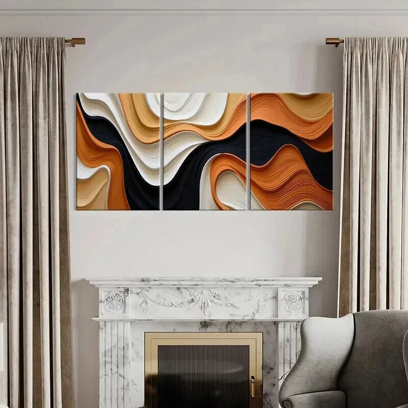 3pcs Wavy Patterns in Black White Orange & Beige Wall Art Set Canvas Framed 60x90cm - High Quality Print 100% Australian Made Wall Canvas Ready to Hang - Bella Home Decor