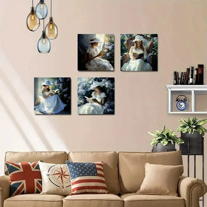 4pcs Victorian Elegant Woman Reading in Garden Wall Art Canvas Framed