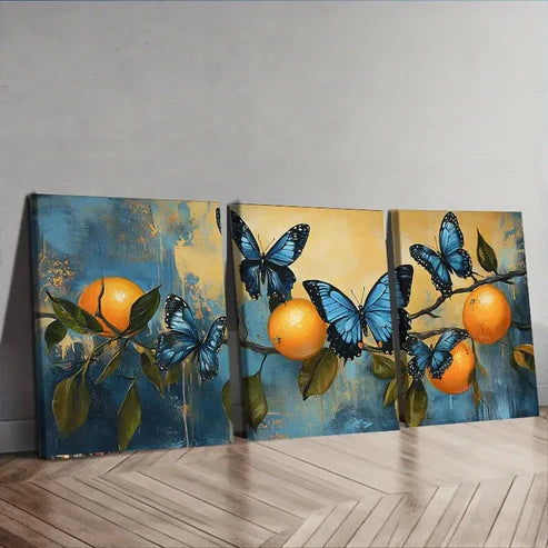 3pcs Beautiful Blue Butterflies & Orange Perfect Wall Art Set Canvas Unframed - High Quality Print 100% Australian Made Wall Canvas - Bella Home Decor
