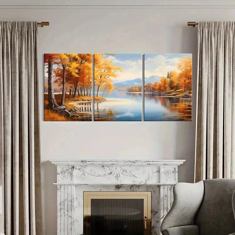 3pcs Autumn Forest Fallen Leaves Lake Mountains Wall Art Set Canvas Framed 60x90cm - High Quality Print 100% Australian Made Wall Canvas Ready to Hang - Bella Home Decor