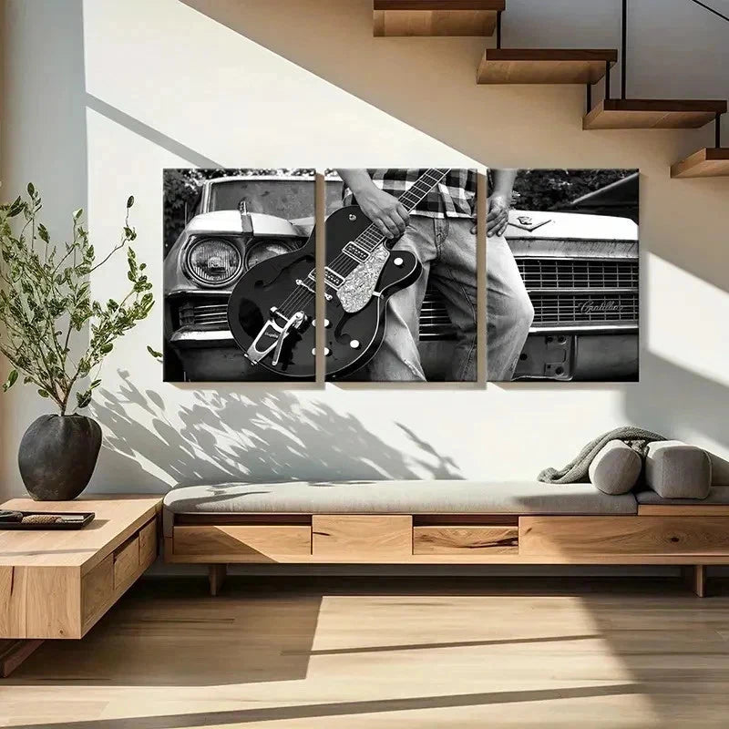 3pcs Black & White Guitar & Musical Instrument Wall Art Set Canvas Framed 40x60cm - High Quality Print 100% Australian Made Wall Canvas Ready to Hang - Bella Home Decor