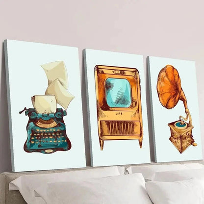 3pcs Old TV and Music Machine & Phonograph Wall Art Set Canvas Framed 60x90cm - High Quality Print 100% Australian Made Wall Canvas Ready to Hang