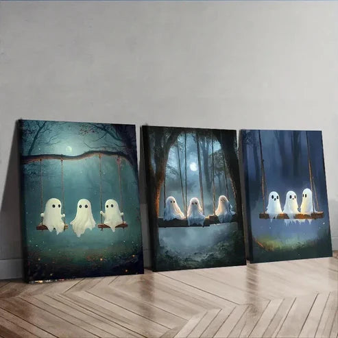 3pcs Three Cute Little Ghosts Night Perfect Wall Art Set Canvas Unframed - High Quality Print 100% Australian Made Wall Canvas