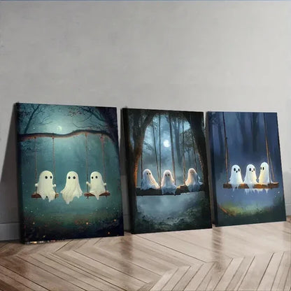 3pcs Three Cute Little Ghosts Night Perfect Wall Art Set Canvas Unframed - High Quality Print 100% Australian Made Wall Canvas