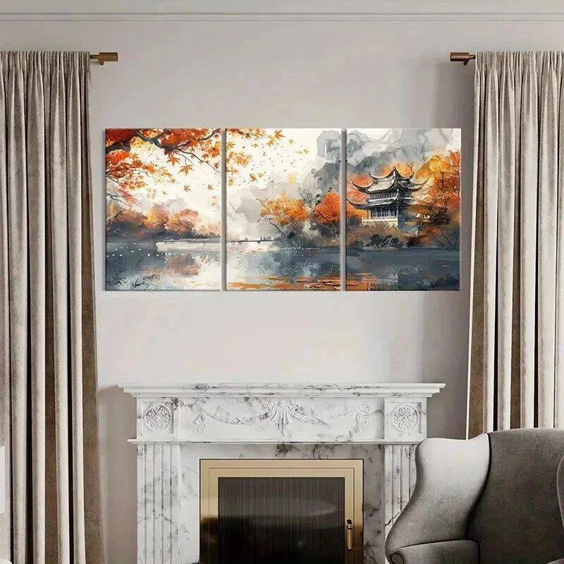 3pcs Autumn Scenery with Pagoda & Mountain River Wall Art Set Canvas Framed 40x60cm - High Quality Print 100% Australian Made Wall Canvas Ready to Hang - Bella Home Decor