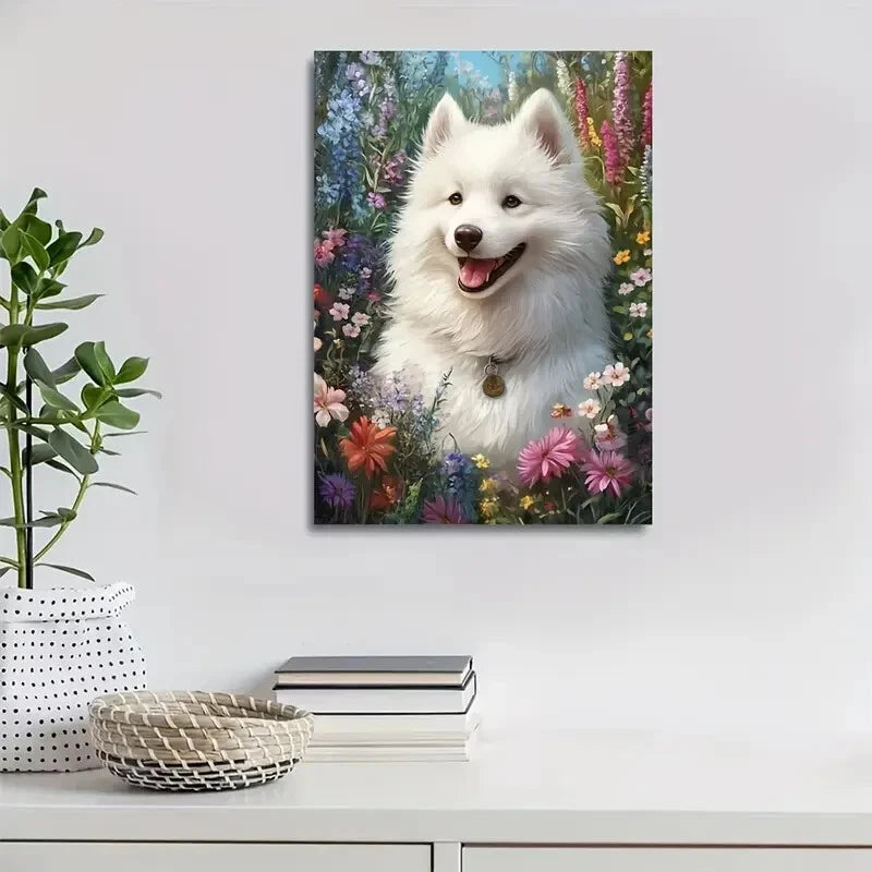 Adorable Samoyed Dog with Vibrant Painting 40x60cm Metal Print Ready to Hang