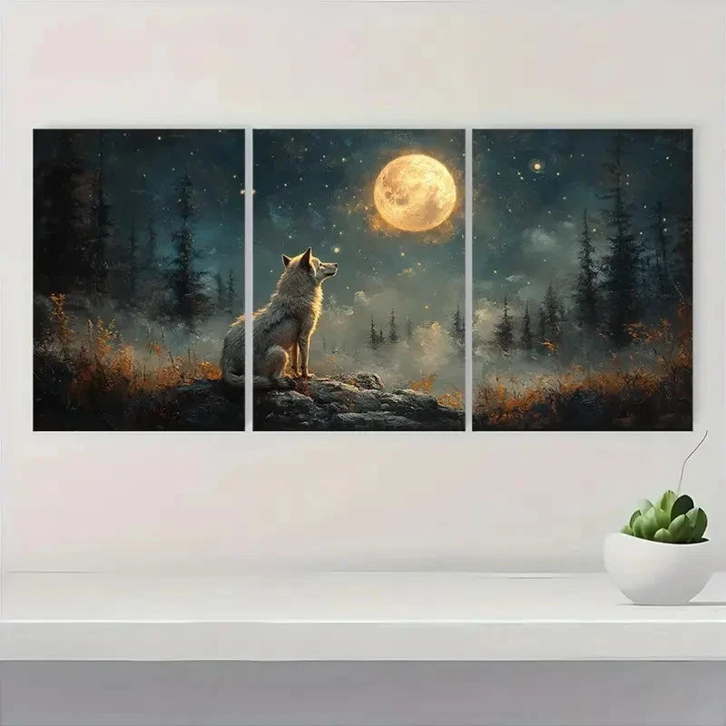 3pcs Howling Wolf  Pine Trees & Glowing  TG   Wall Art Set Canvas Framed 60x90cm - High Quality Print 100% Australian Made Wall Canvas Ready to Hang