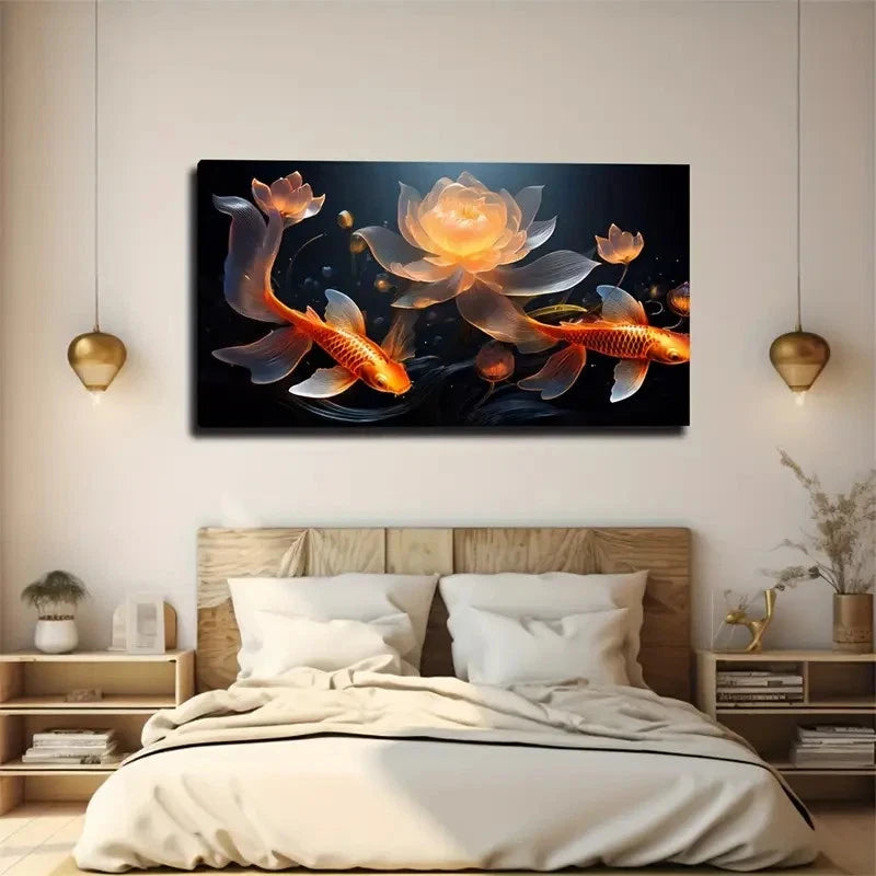 Vibrant Golden Koi Fish Lotus Wall Art Canvas Office Home Room Framed 120x60cm