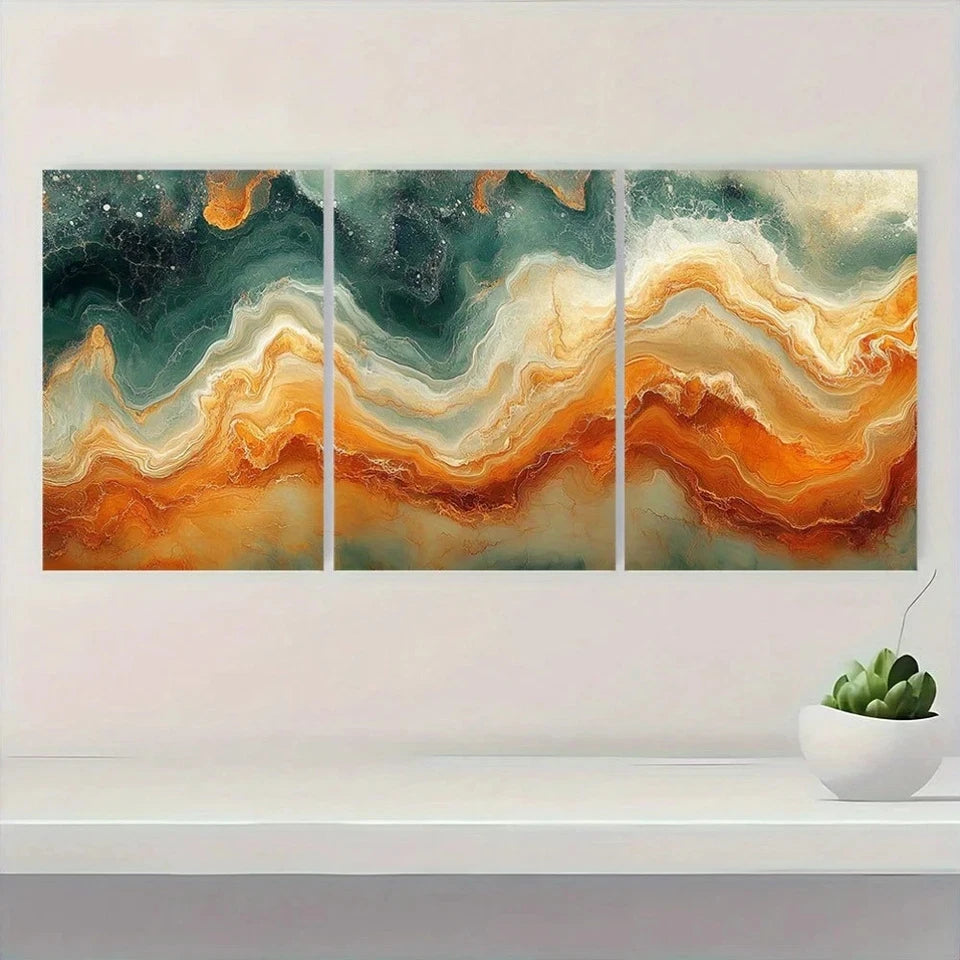 3pcs Swirls Of Burnt Orange Olive Green Earthy Metal Print Ready to Hang Art - Bella Home Decor