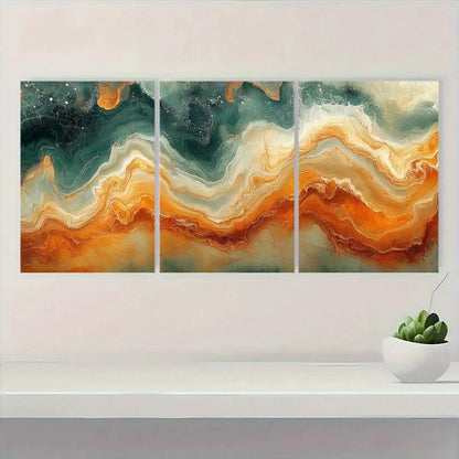 3pcs Swirls Of Burnt Orange Olive Green Earthy Metal Print Ready to Hang Art - Bella Home Decor