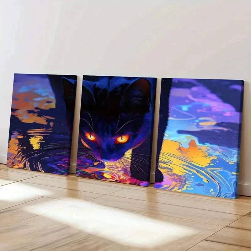 3pcs Psychedelic Abstract Aesthetic Black Cat Wall Art Set Canvas Framed 50x70cm - High Quality Print 100% Australian Made Wall Canvas Ready to Hang - Bella Home Decor