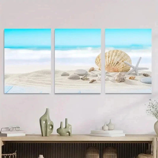 3pcs Ocean with Seashells And Sand Beach Scene Wall Art Set Canvas Framed 50x70cm - High Quality Print 100% Australian Made Wall Canvas Ready to Hang