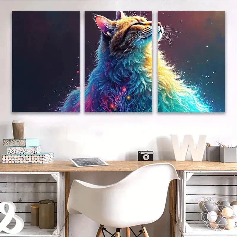 3pcs Vibrant Cat Illustration Wall Art Set Canvas Framed 60x90cm - High Quality Print 100% Australian Made Wall Canvas Ready to Hang