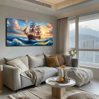 Vibrant Sunset Sailing Vessel Wall Art canvas office home room framed 120x60cm