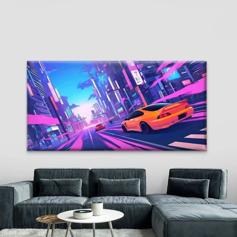 Cyberpunk Synthwave-Style City Wall Art Canvas Office Home Room Framed 120x60cm