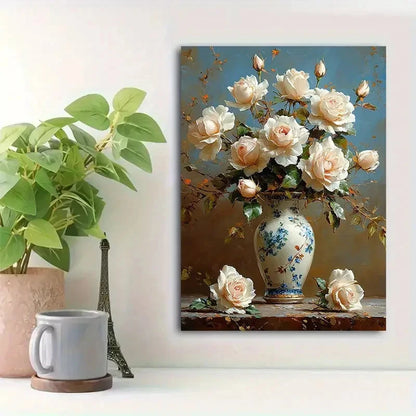 Beautiful Elegant White Roses In Vase Painting 40x60cm Metal Print Ready to Hang